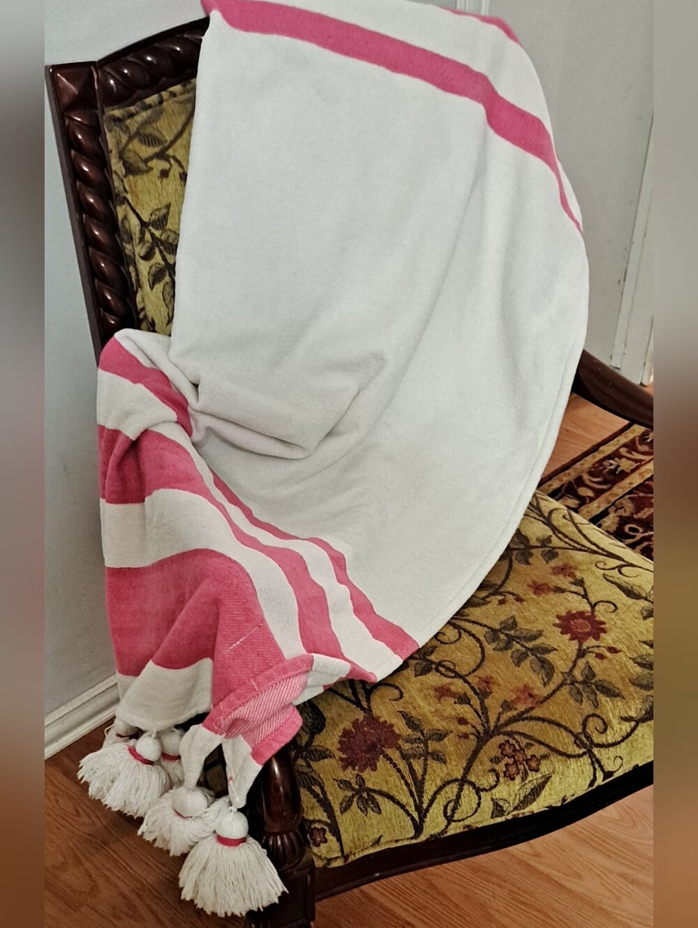 Magaschoni Pink and White Striped Throw Blanket With Tassels